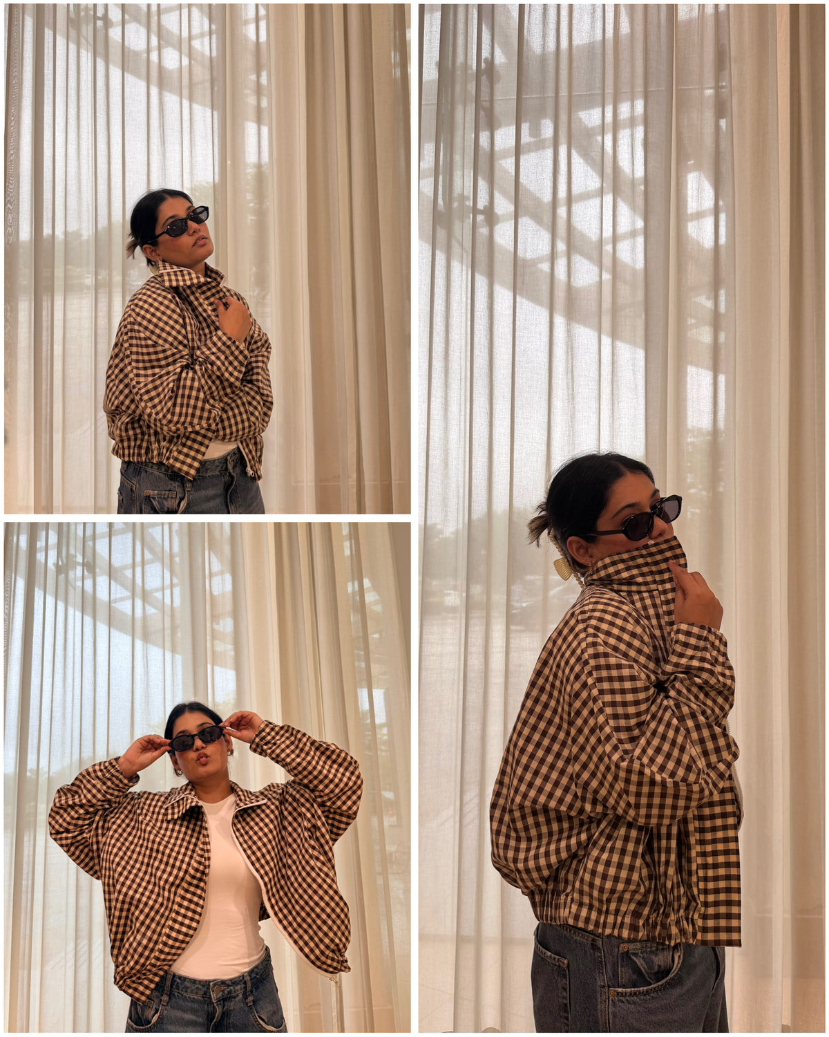 Oversized Gingham Jacket-Brown
