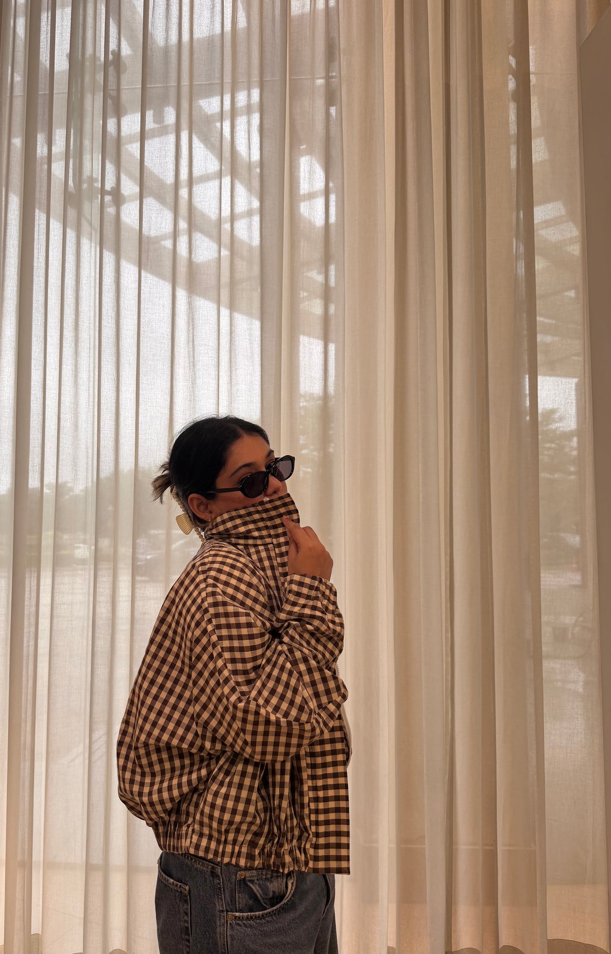 Oversized Gingham Jacket-Brown