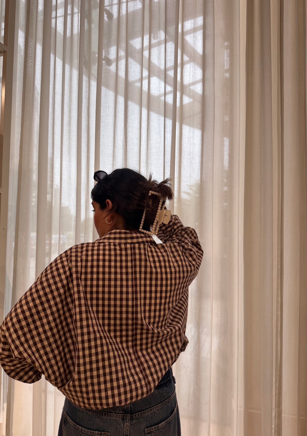 Oversized Gingham Jacket-Brown