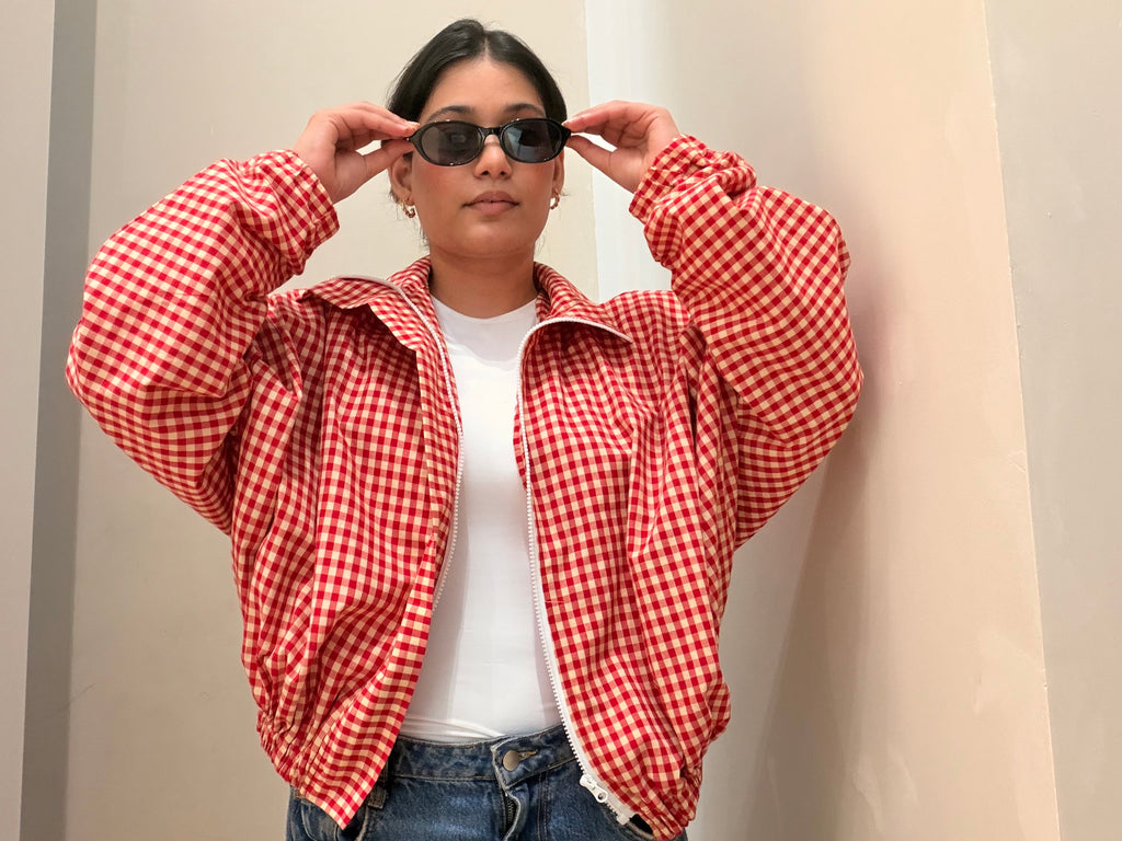 Oversized Gingham Jacket-Red