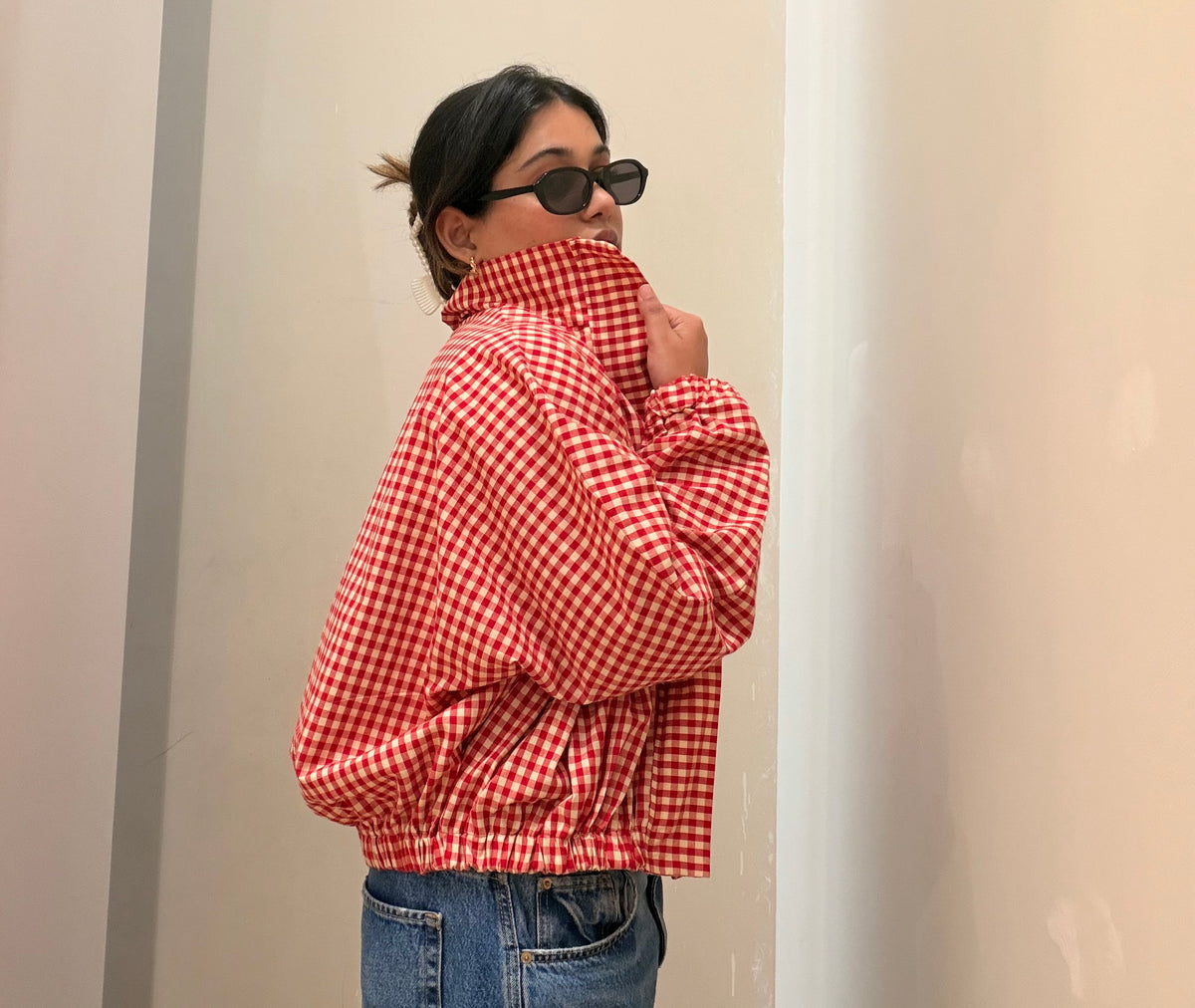 Oversized Gingham Jacket-Red