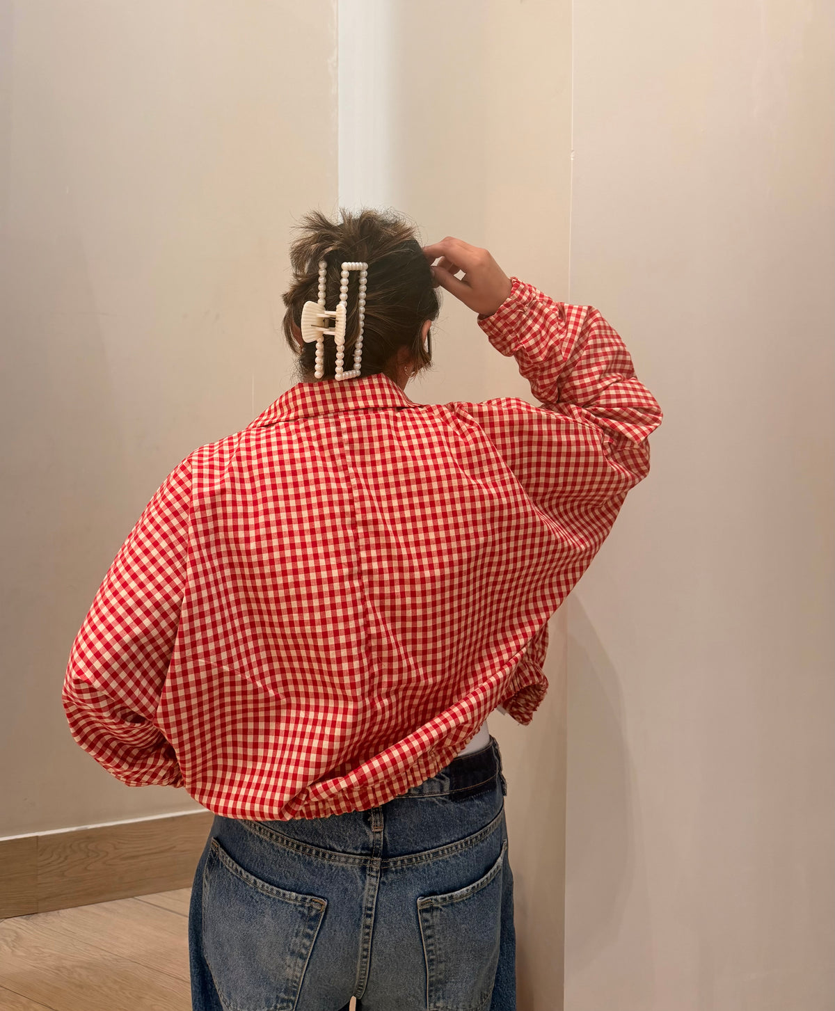 Oversized Gingham Jacket-Red