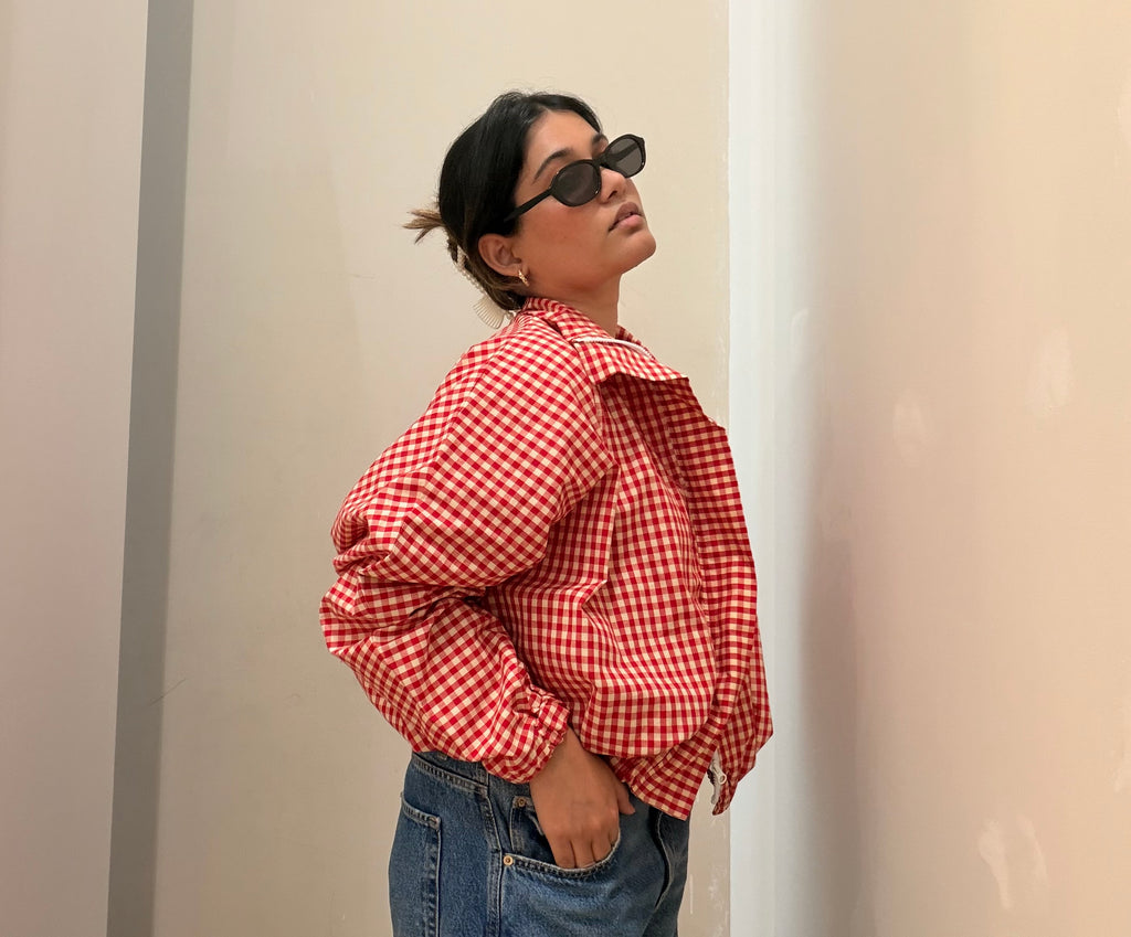 Oversized Gingham Jacket-Red