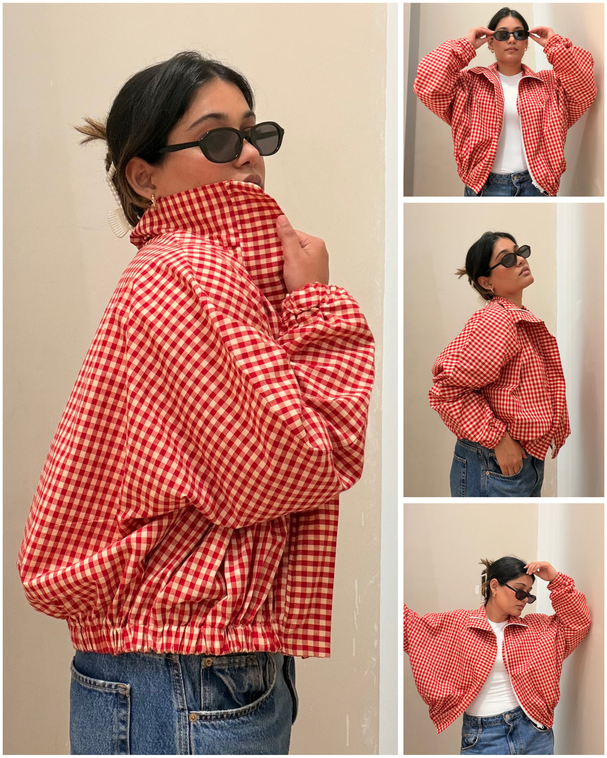 Oversized Gingham Jacket-Red