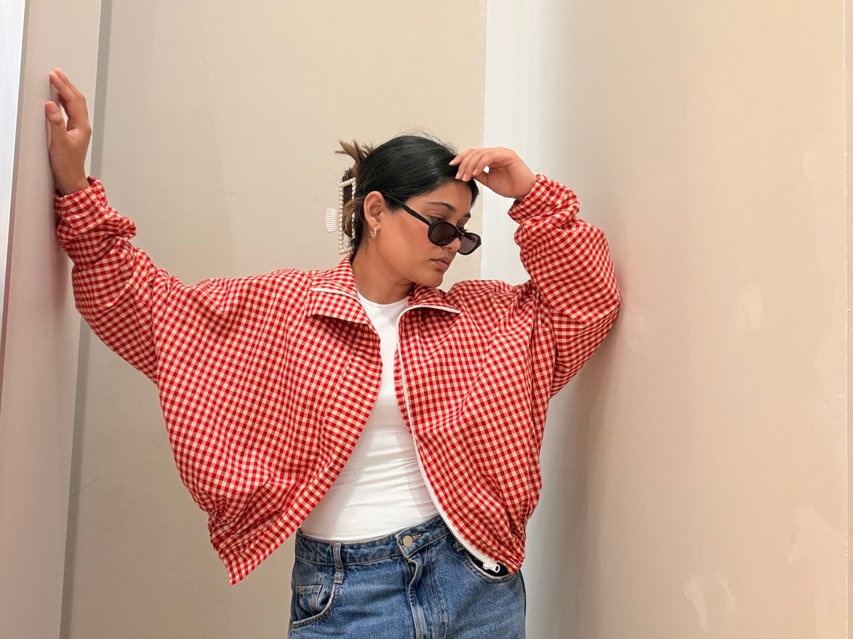 Oversized Gingham Jacket-Red